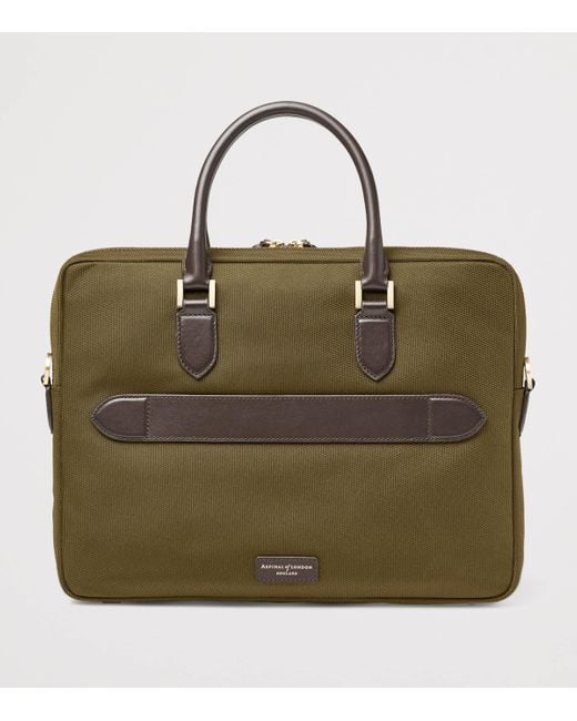 Aspinal Green Nylon Slim Briefcase for men