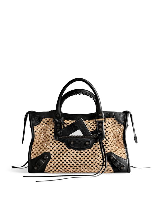 Balenciaga Black Small Raffia-Lambskin Le City Top-Handle Bag