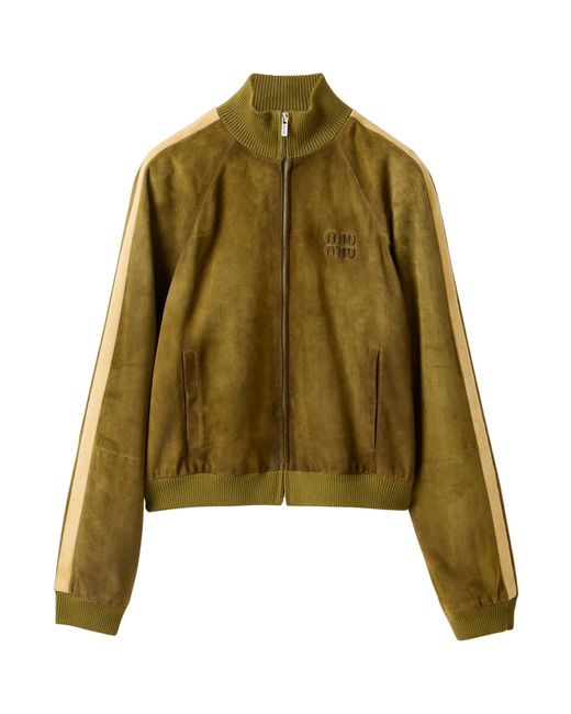 Miu Miu Green Waxed Suede Stripe Track Jacket