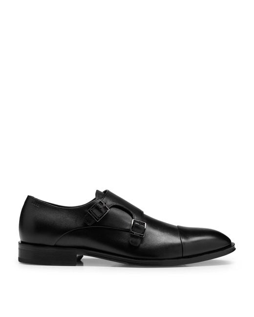 Boss Black Leather Derek Monkstrap Shoes for men