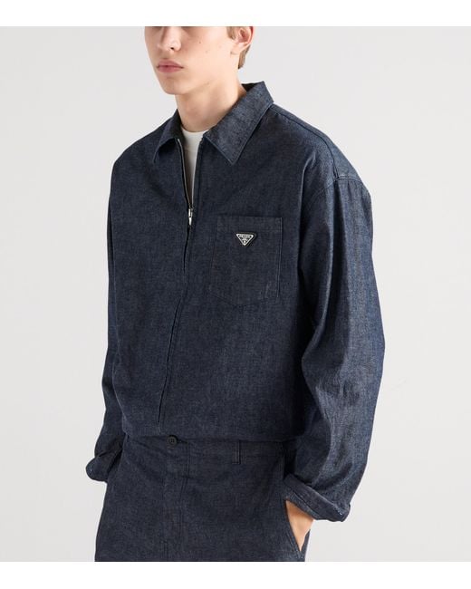 Prada Blue Cotton Chambray Zipped Shirt for men
