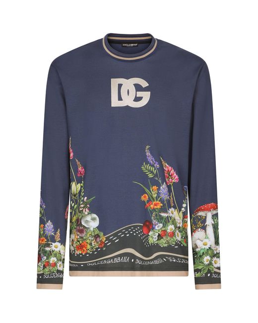Dolce & Gabbana Blue Rabbit Print Long-sleeved T-shirt for men