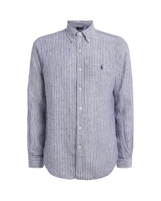 Polo Ralph Lauren Blue Linen Custom-Fit Stripe Shirt for men