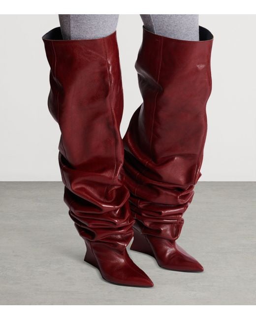 Balmain Red Leather Wedge Over-The-Knee Boots 95