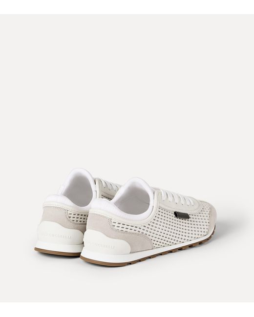 Brunello Cucinelli White Leather Net-Trim Sneakers