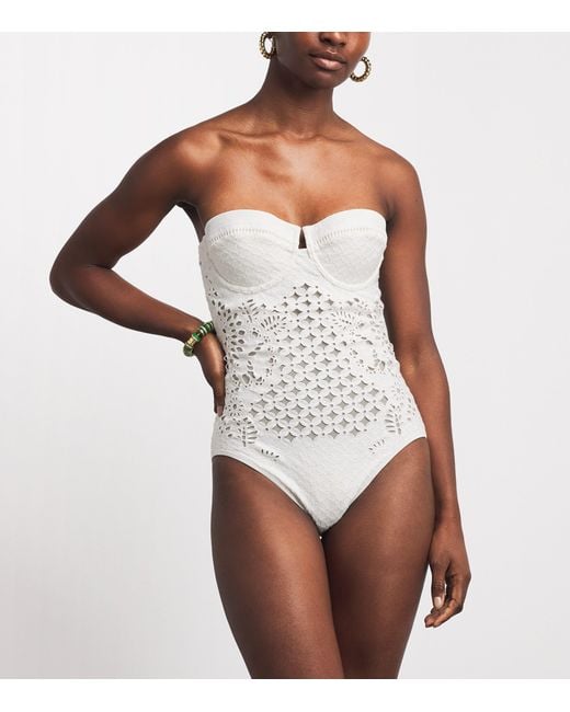 Zimmermann White Embroidered Indra Strapless Swimsuit