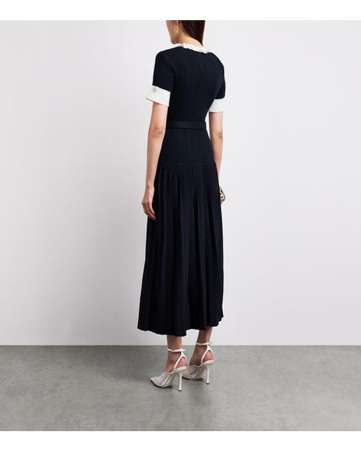 Self-Portrait Black Ribbed Ruffle-Detail Midi Dress