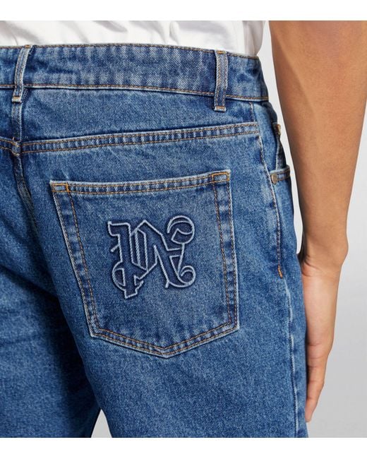 Palm Angels Blue Straight-leg Monogram-pocket Jeans for men