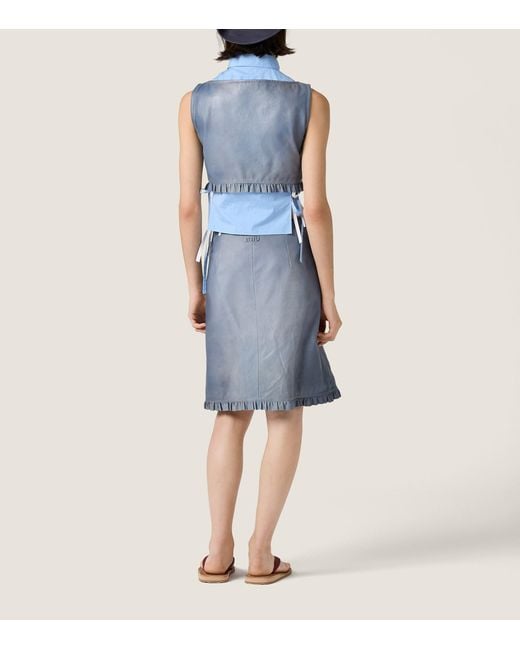 Miu Miu Blue Nappa Leather Ruffle Midi Skirt