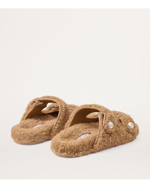 Jimmy Choo Natural Fur Slide Sandals With Monogram Buckles