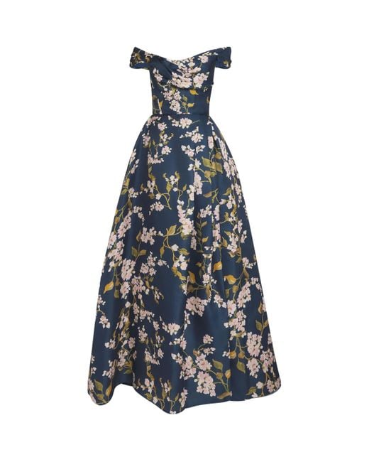 Monique Lhuillier Blue Gazar Floral Off-The-Shoulder Gown