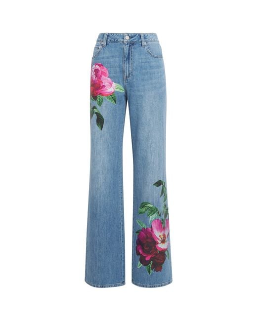 Alice + Olivia Blue Floral Print Chic Wide-Leg Jeans