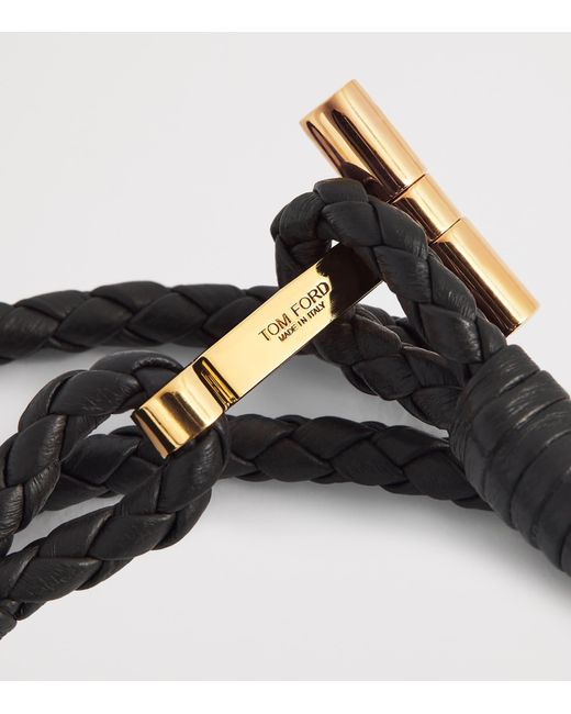 Tom Ford Black Leather Braided T Bracelet for men