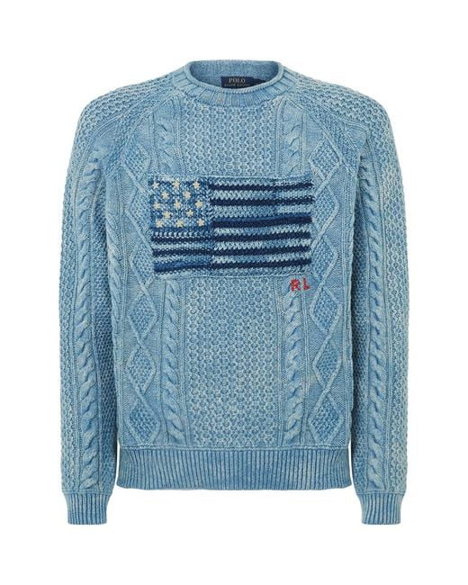 Polo Ralph Lauren Blue American Flag Cable Knit Sweater for men