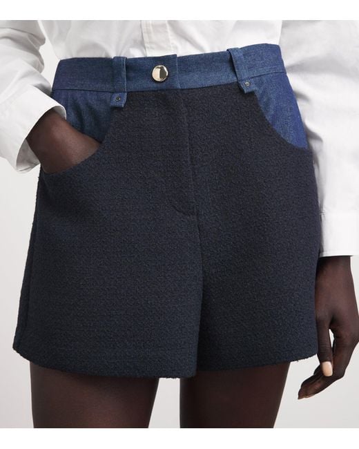 Maje Blue Tweed Denim-Trim Shorts