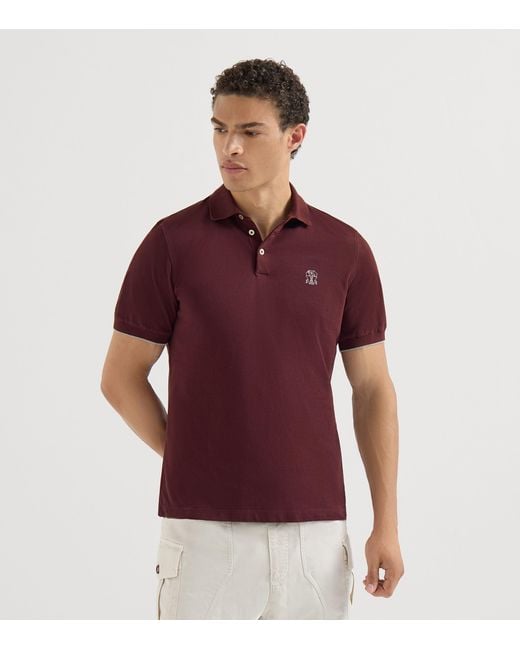 Brunello Cucinelli Red Cotton Piqué Logo Polo Shirt for men
