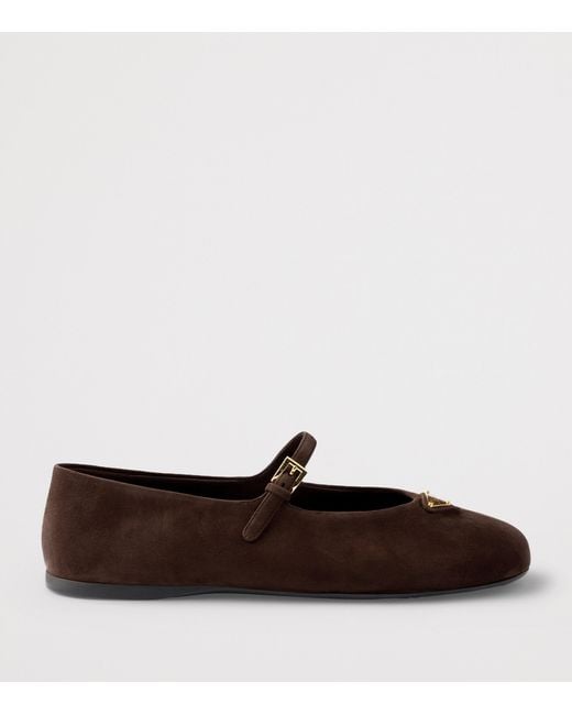 Prada Brown Suede Logo Ballet Flats