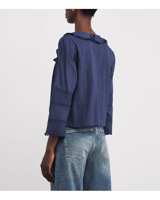 Doen Blue Organic Cotton Lace-Trim Huguette Blouse