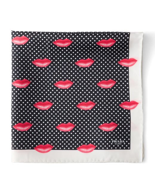 Prada Black Silk Twill Printed Lips Scarf