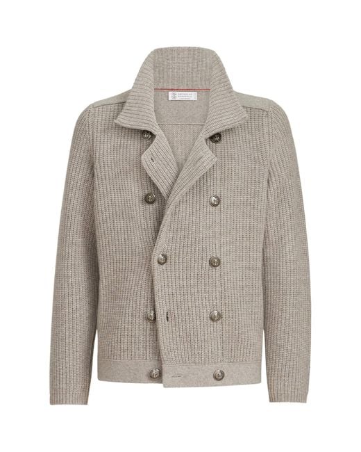 Brunello Cucinelli Gray Cashmere Double-Breasted Cardigan for men