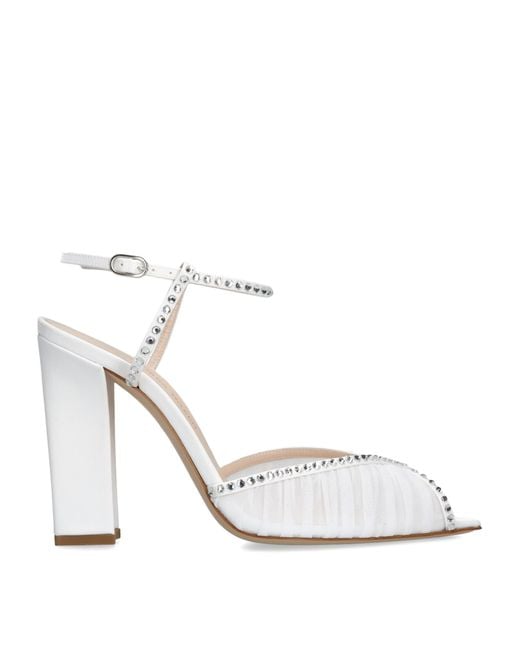 Andrea Wazen White Embellished Tulle Katy Heeled Sandals 105