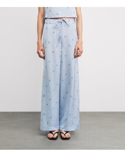 Claudie Pierlot Blue Satin Floral Wide-Leg Trousers