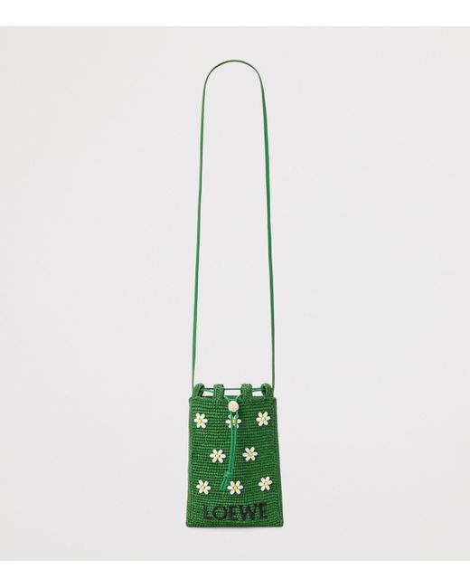Loewe Green X Paula's Ibiza Raffia Floral-Detail Drawstring Pocket Bag