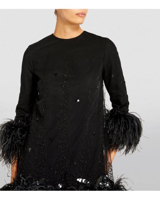 16Arlington Black Exclusive Feather-trim Borage Mini Dress