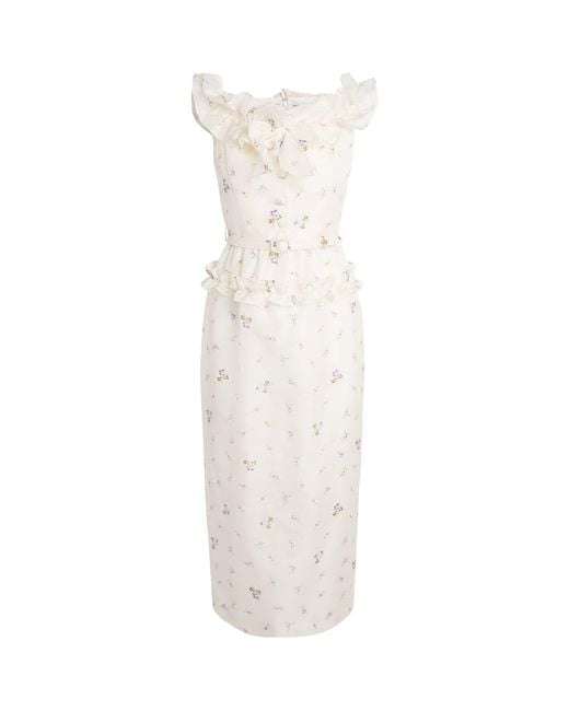 Alessandra Rich White Off-The-Shoulder Floral Midi Dress