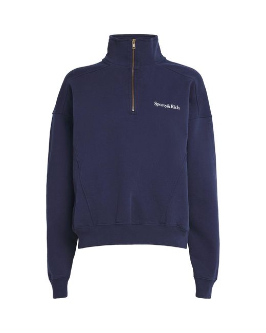 Sporty & Rich Blue Cotton Logo Quarter-Zip Sweatshirt