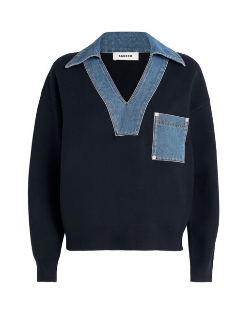 Sandro Blue Denim-Trim Sweater