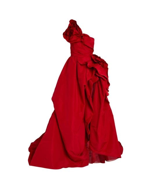 Marchesa Red One-shoulder Ruffled Gown