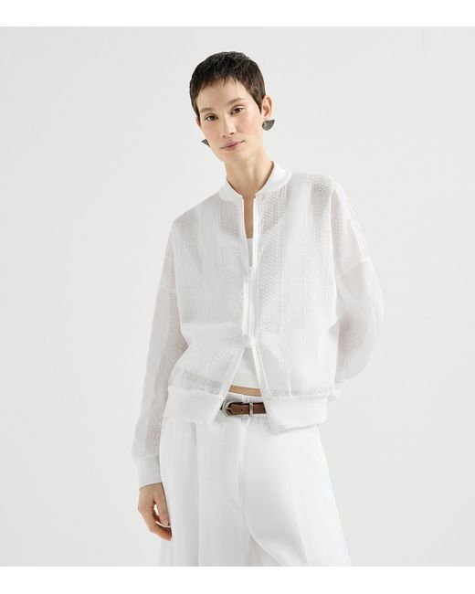 Brunello Cucinelli White Cotton Broderie Anglaise Bomber Jacket