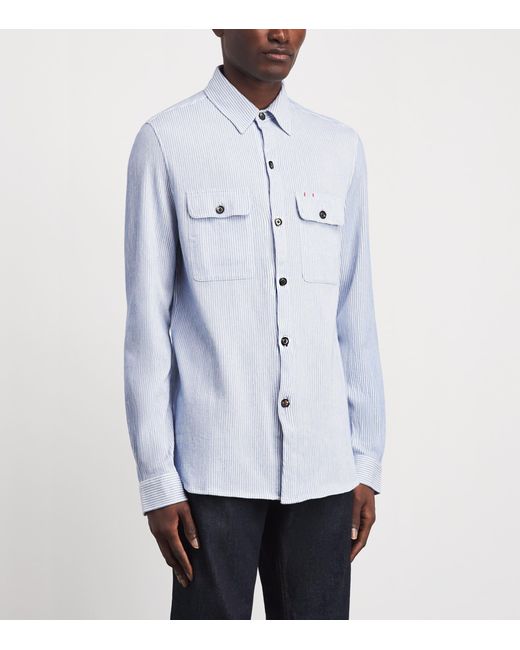 Isaia Blue Cotton-Linen Stripe Overshirt for men