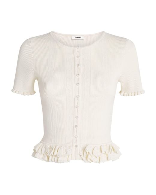 Sandro White Knit Ruffled Slim Cardigan