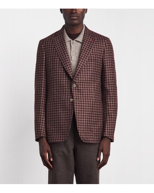 Isaia Brown Wool-Cashmere-Silk Houndstooth Capri Blazer for men