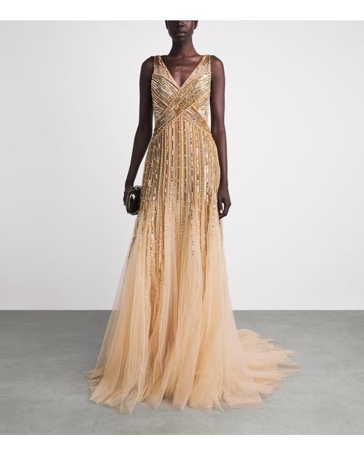 Pamella Roland Natural Tulle Embellished V-Neck Gown