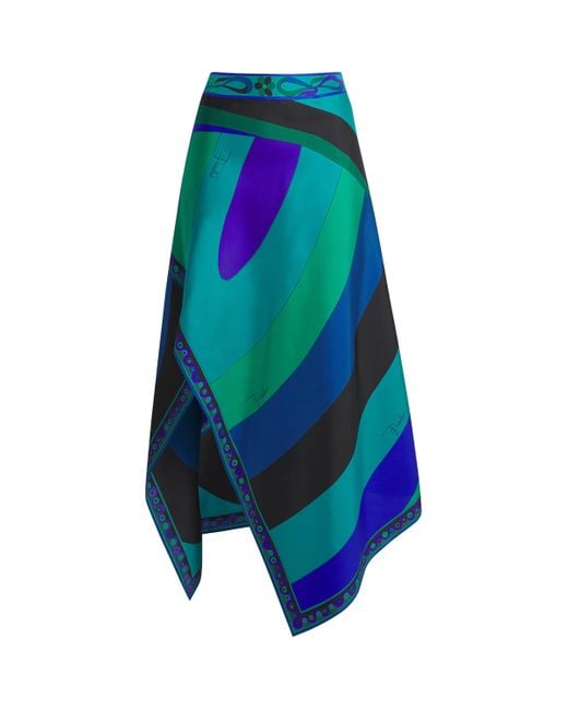 Emilio Pucci Blue Silk Iride Print Asymmetric Midi Skirt