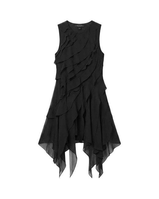 AllSaints Black Ruffled Asymmetric Angie Midi Dress