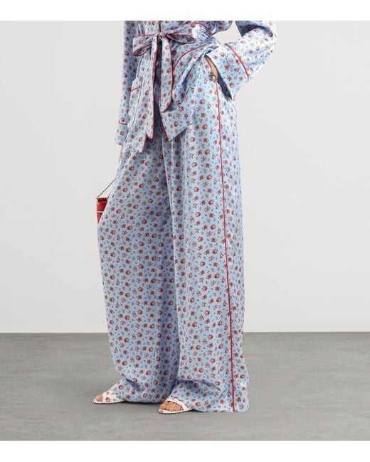 Dolce & Gabbana Blue Silk Floral Wide-Leg Trousers