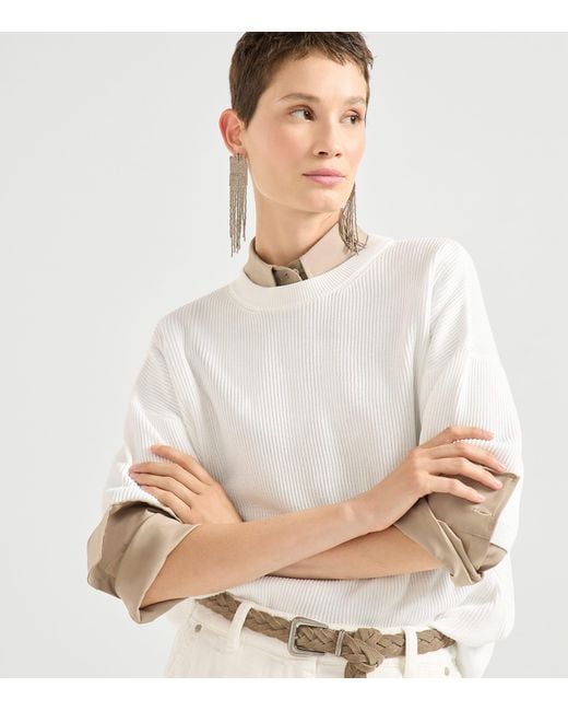 Brunello Cucinelli White Cotton Cropped-Sleeve Sweater