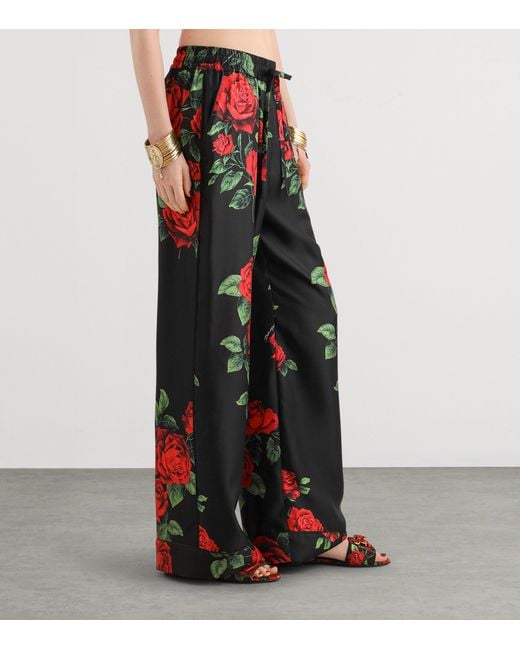 Dolce & Gabbana Red Silk Rose-Print Trousers