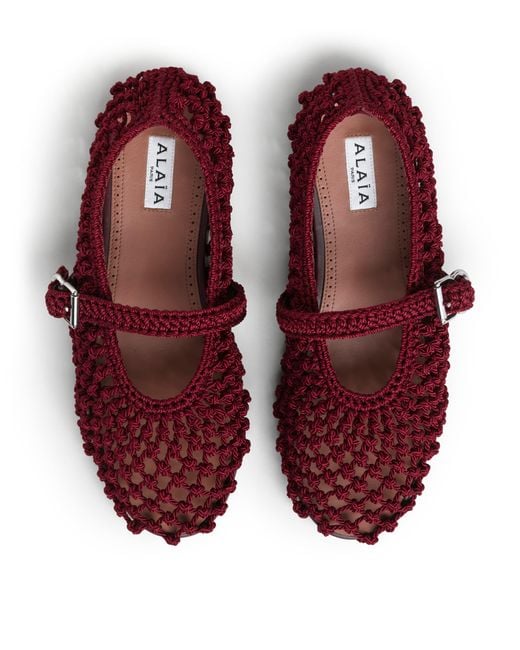 Alaïa Red Satin Crochet Ballet Flats