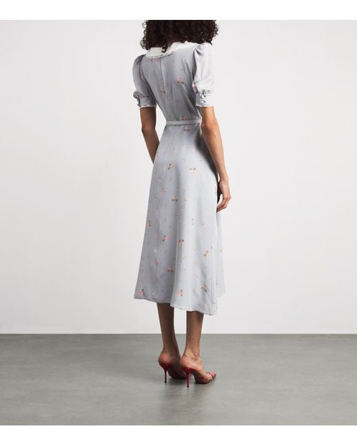 Alessandra Rich Gray Floral Print Belted Midi Dress