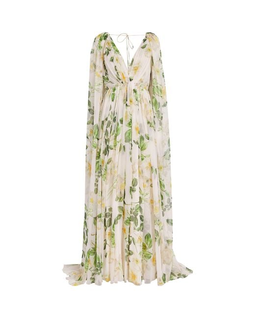 Monique Lhuillier Metallic Silk Cape-Sleeve Floral Gown