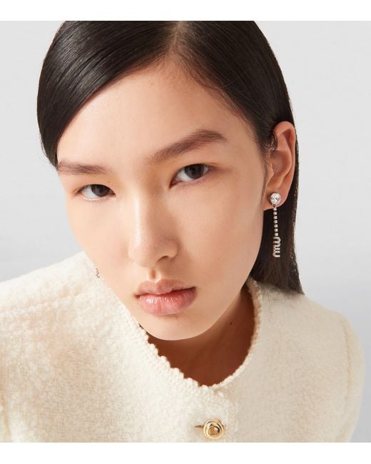Miu Miu White Crystal-Embellished Logo Drop Earrings
