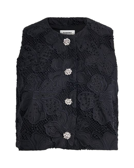 Sandro Black Embroidered Guipure Top