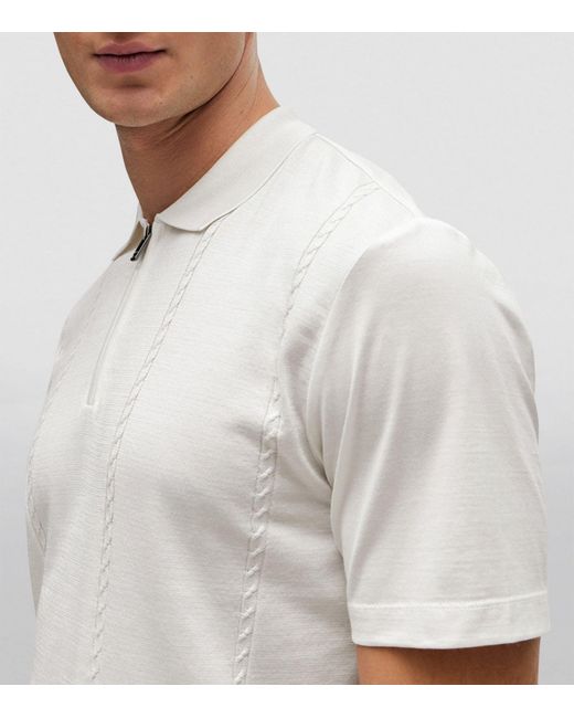 Boss White Cotton-silk Zip-up Polo Shirt for men