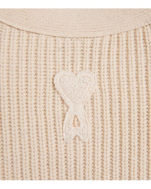 AMI Natural Wool Ribbed Logo Cardigan for men