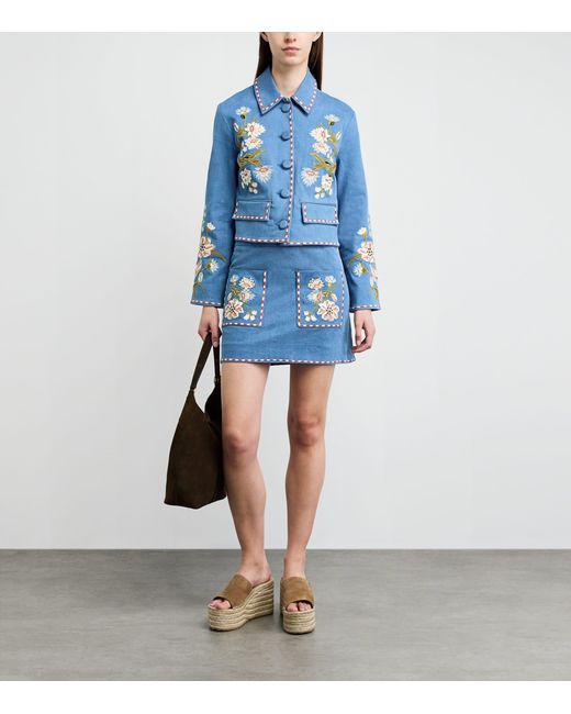 Veronica Beard Blue Embroidered Tailored Denim Jacket